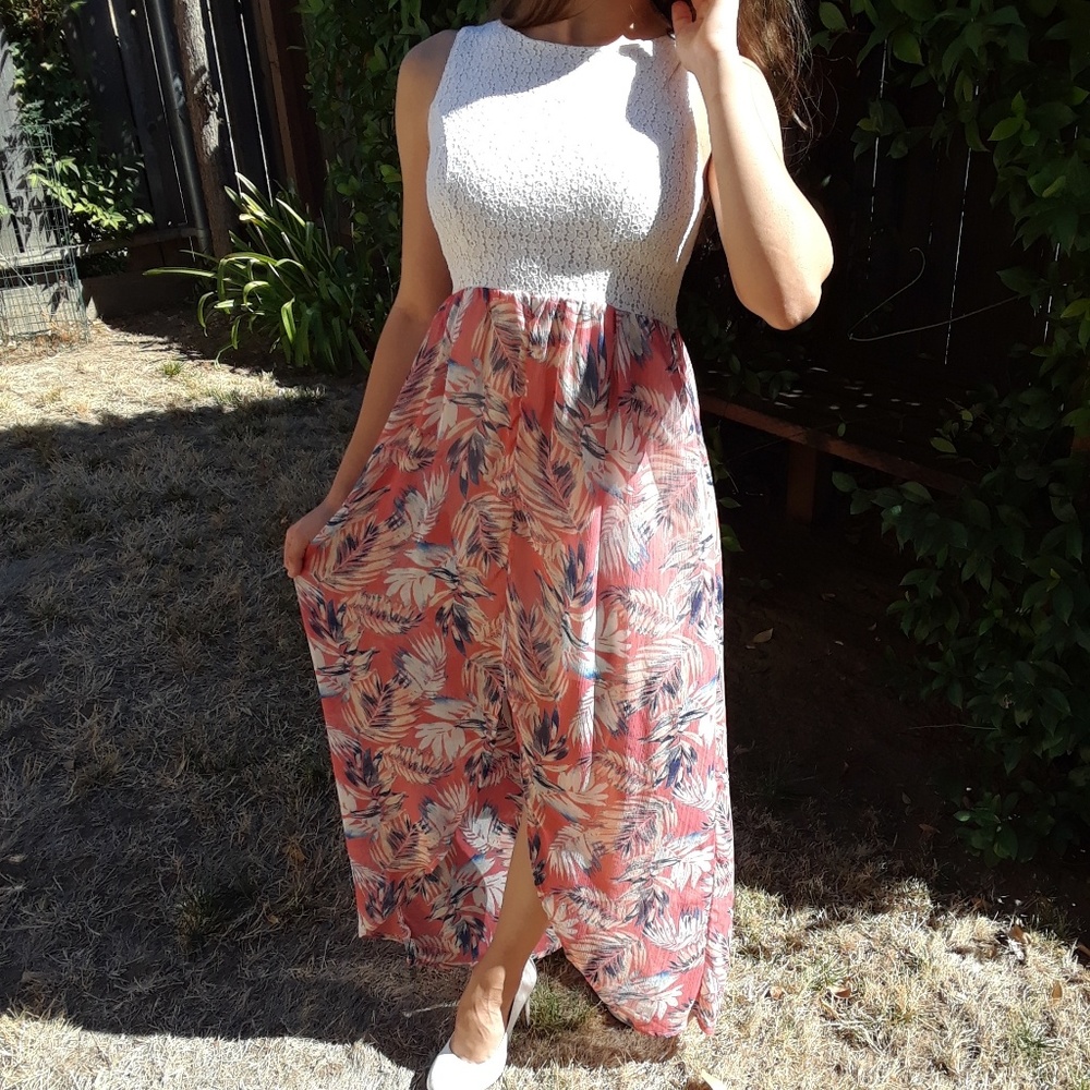 Feather Printed Hi-Low Maxi Dress